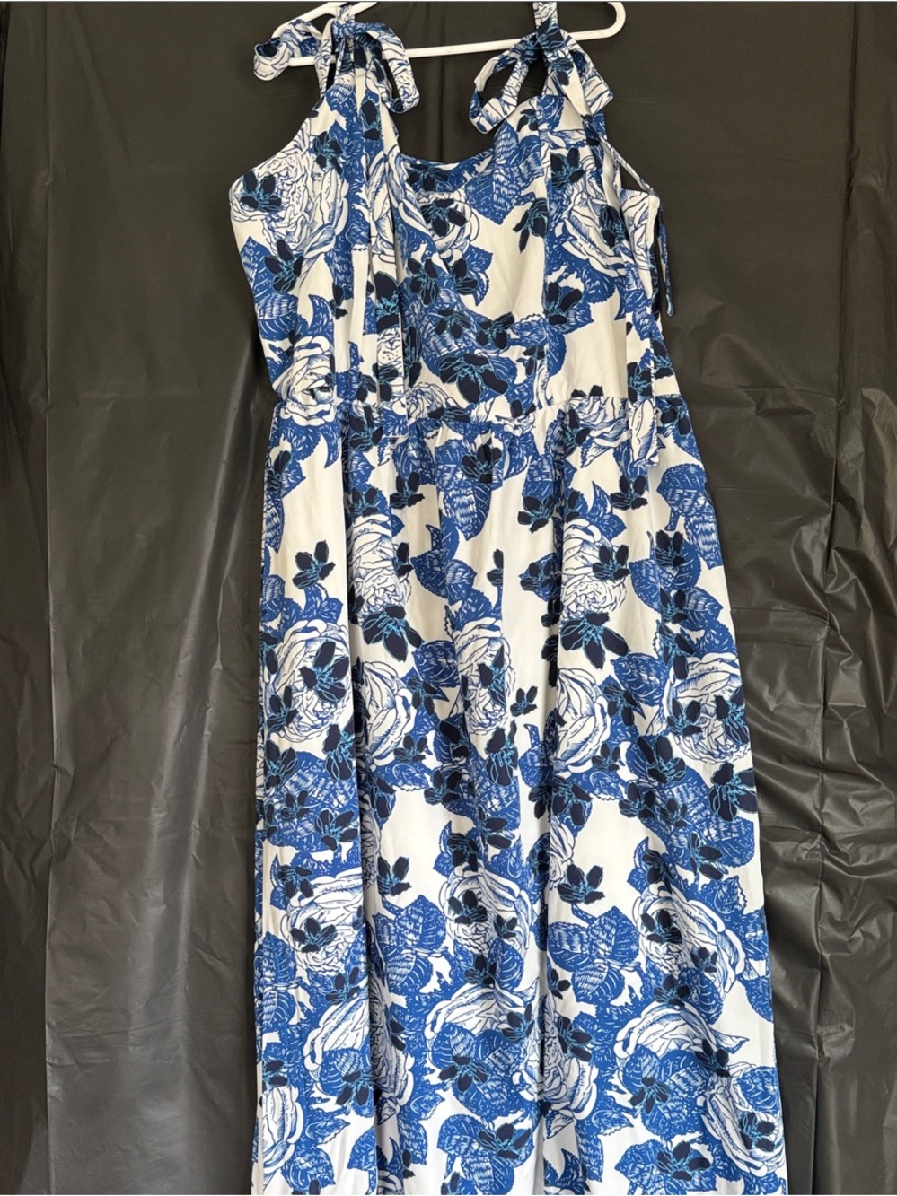 SHEIN White Maxi Dress with Blue Floral Print and Tie Shoulders